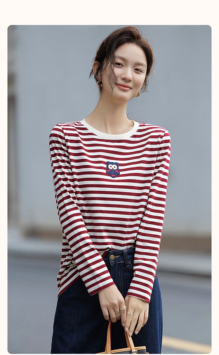 Demna【Striped Liberal】Spring and Autumn Loose Contrast Color Long Sleeve T-shirt Women Cute Patch Embroidery Concealed Flesh Women's T-shirt 1