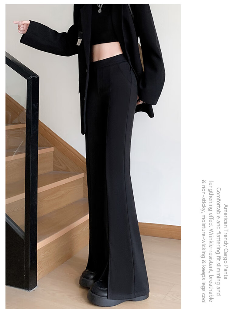 FitonTon Women's Split Flared Pants 2025 Autumn Winter High Waist Slimming Slight Flare Casual Black Horseshoe Pants 5