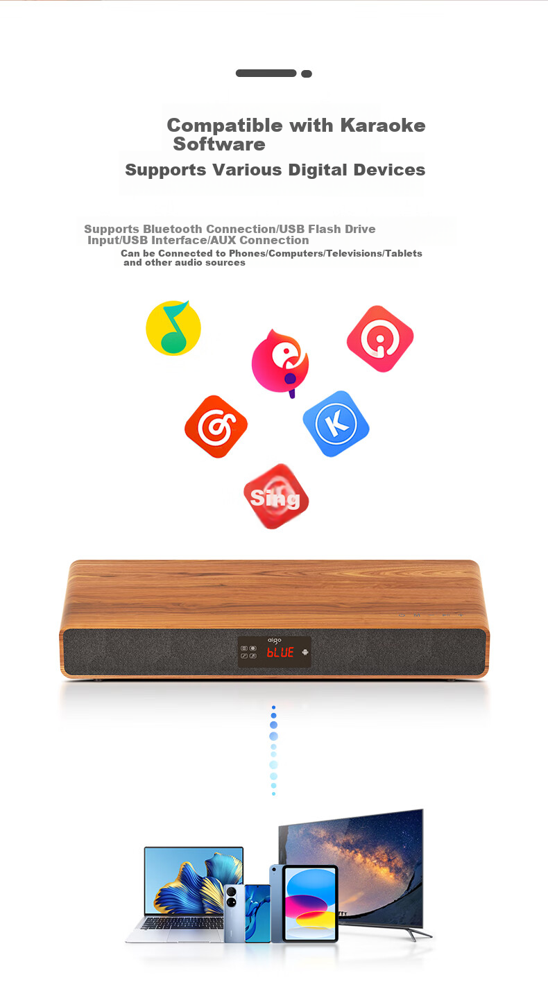 Aiguozhe T108 Bluetooth Speaker, Soundbar TV Speaker, Wireless Home KTV Theater Karaoke Speaker Set, All-In Machine with Dual Microphones, Wood Grain Color 7