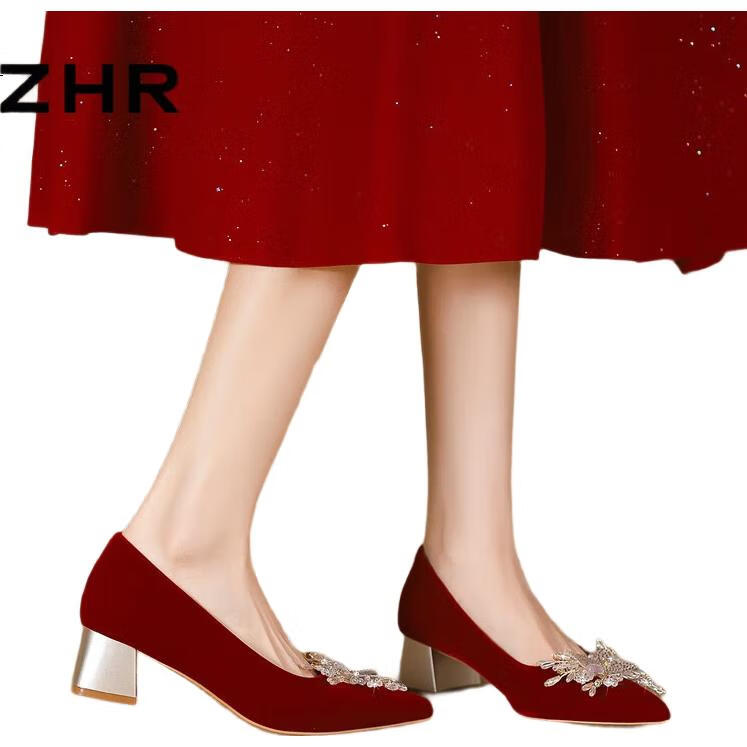 Женские туфли ZHR, китайский стиль, Xiuhe, элегантные свадебные туфли, острый носок, на толстом каблуке, 2026