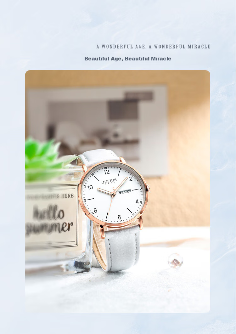 Julius Watch for Women, New Model, Suitable for Middle School And High School Students, Female Students' Exam Calendar Quartz Watch, White JA-1516LB 1