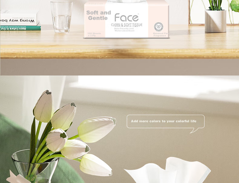 Jierou Facial Tissues, Pink Face Floral Fragrance, 3-Ply, 100 Sheets, 6 Packs, 4 Bundles, PR209-24R/PR299 Whole Box 8