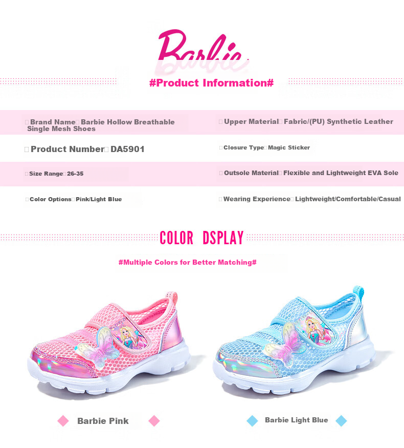 Barbie Children's Shoes, Summer Kids' Sneakers, Girls' Mesh Shoes, Breathable Dopamine Running Shoes DA5901, Pink, Size 34 4
