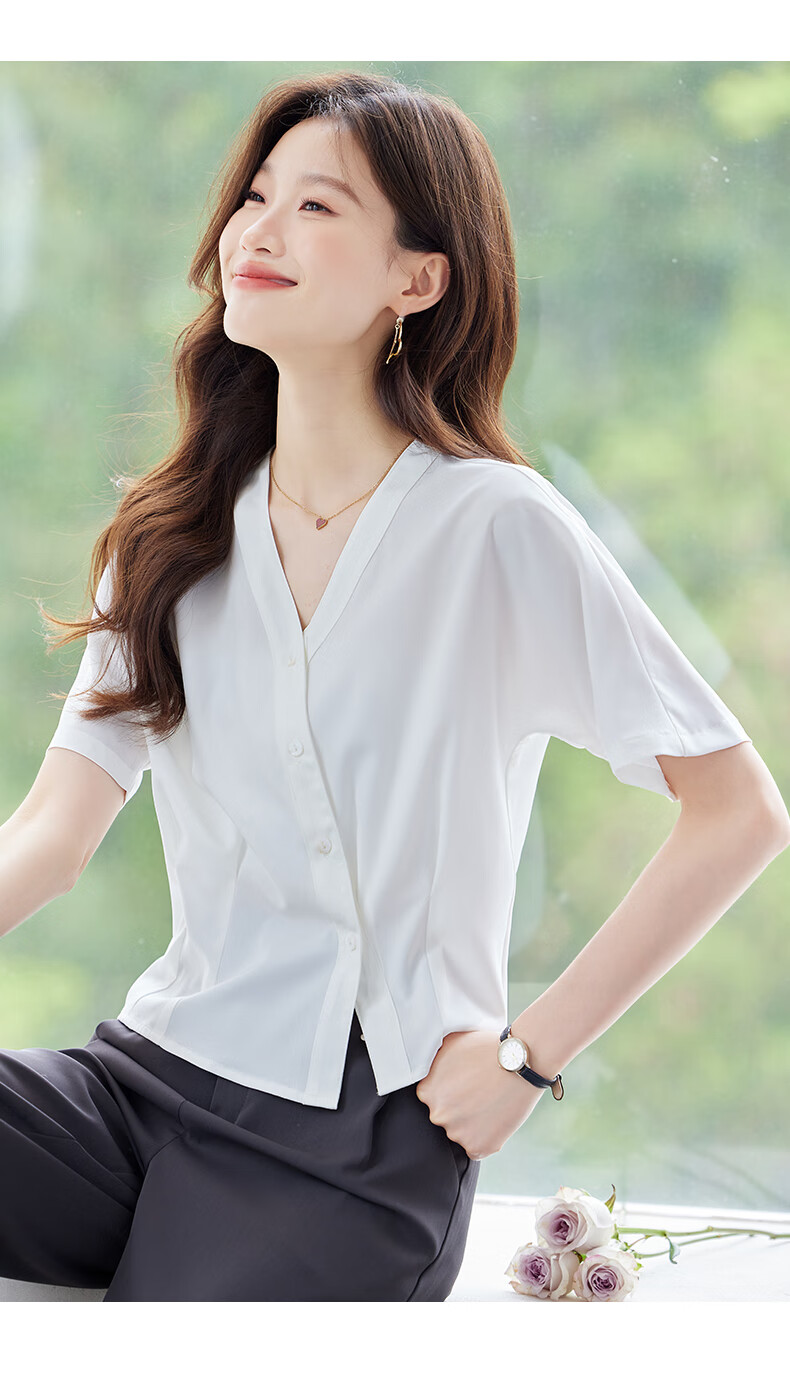 Jeanswest Women's Short Sleeve Shirt 2026 Summer French Style V-Neck Fashion High-End White Top M 6