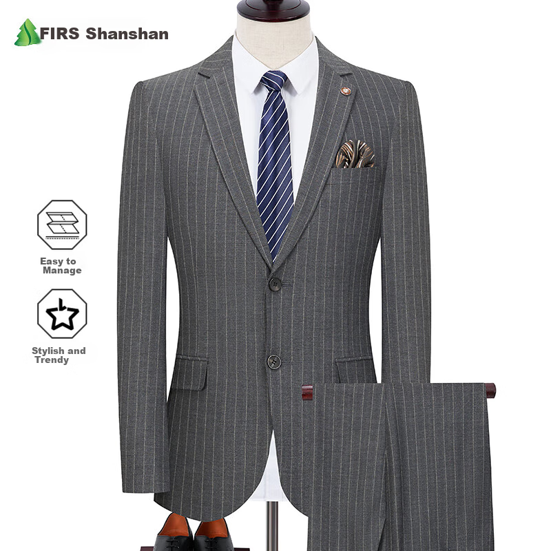 FIRS Men's Suit Set, Slim Fit Professional Formal Wear, Business Casual Striped Groom Wedding Suit, Men's Clothing