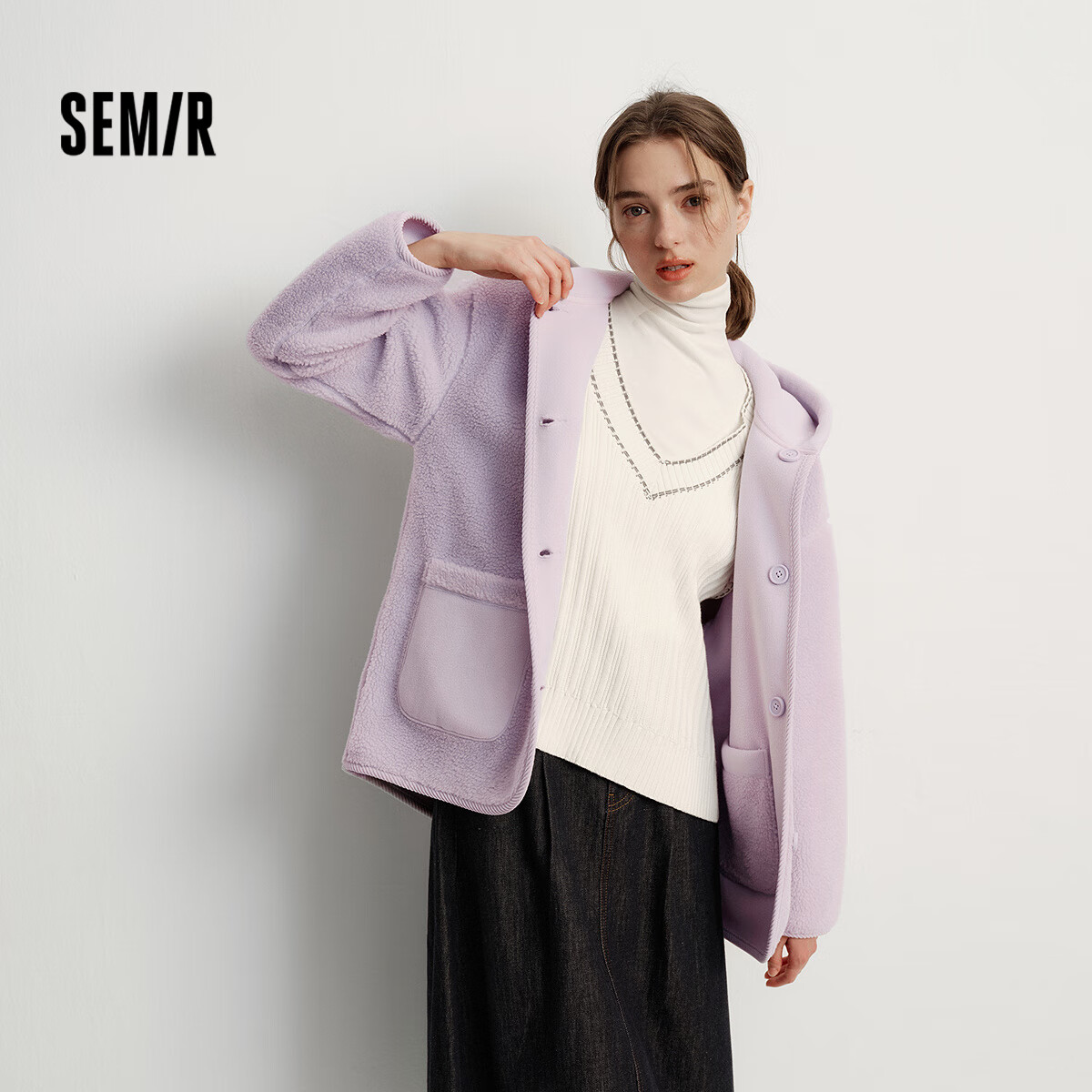 Semir Women's Winter Mid-Length Jacket, Reversible Faux Shearling Fleece, New Solid Color Pocket Loose-Fit Coat