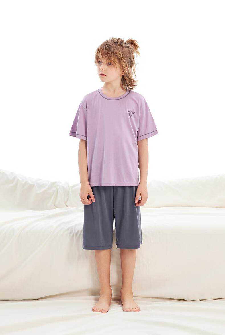 Zhimu Boys And Girls Home Wear Set for Older Children, Short-Sleeve Shorts, Cloud Purple, Size 110 11