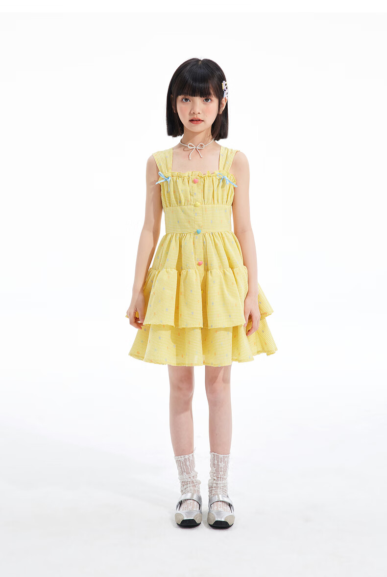 Zhimu Girls' Dress, for Older Children, Sweet Spaghetti Strap Princess Dress, Children's Dress, Cream Yellow, Size 160 9