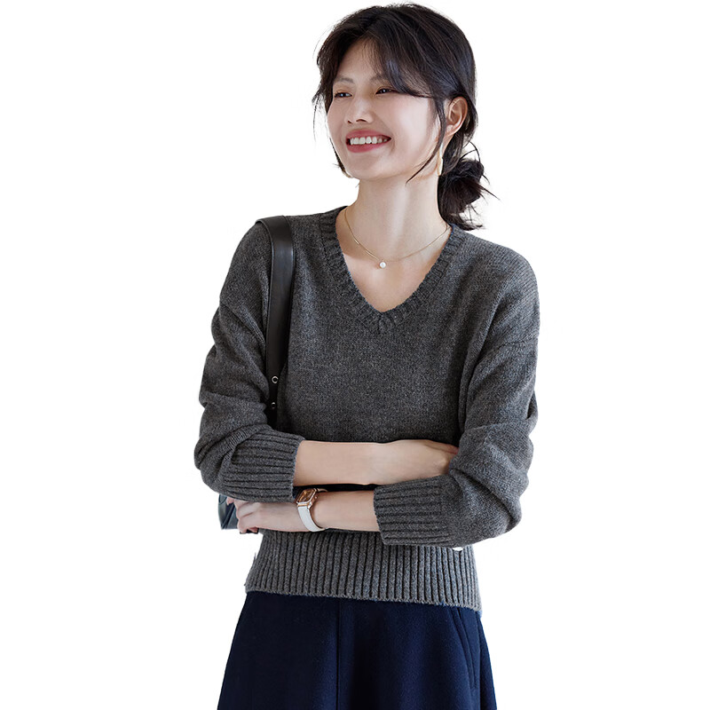 She Enjoy Lazy Style Knitwear Women's Gray V-Neck Sweater Knit Top Base Shirt T53Z093