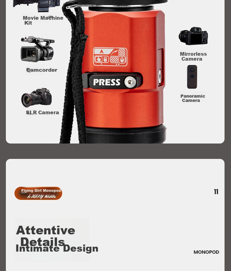 Fotopro Flying One Tripod, Quick-Release Design, Foot-Operated Unlocking, 32mm Diameter Carbon Fiber Camera Tripod, Flame Orange 21