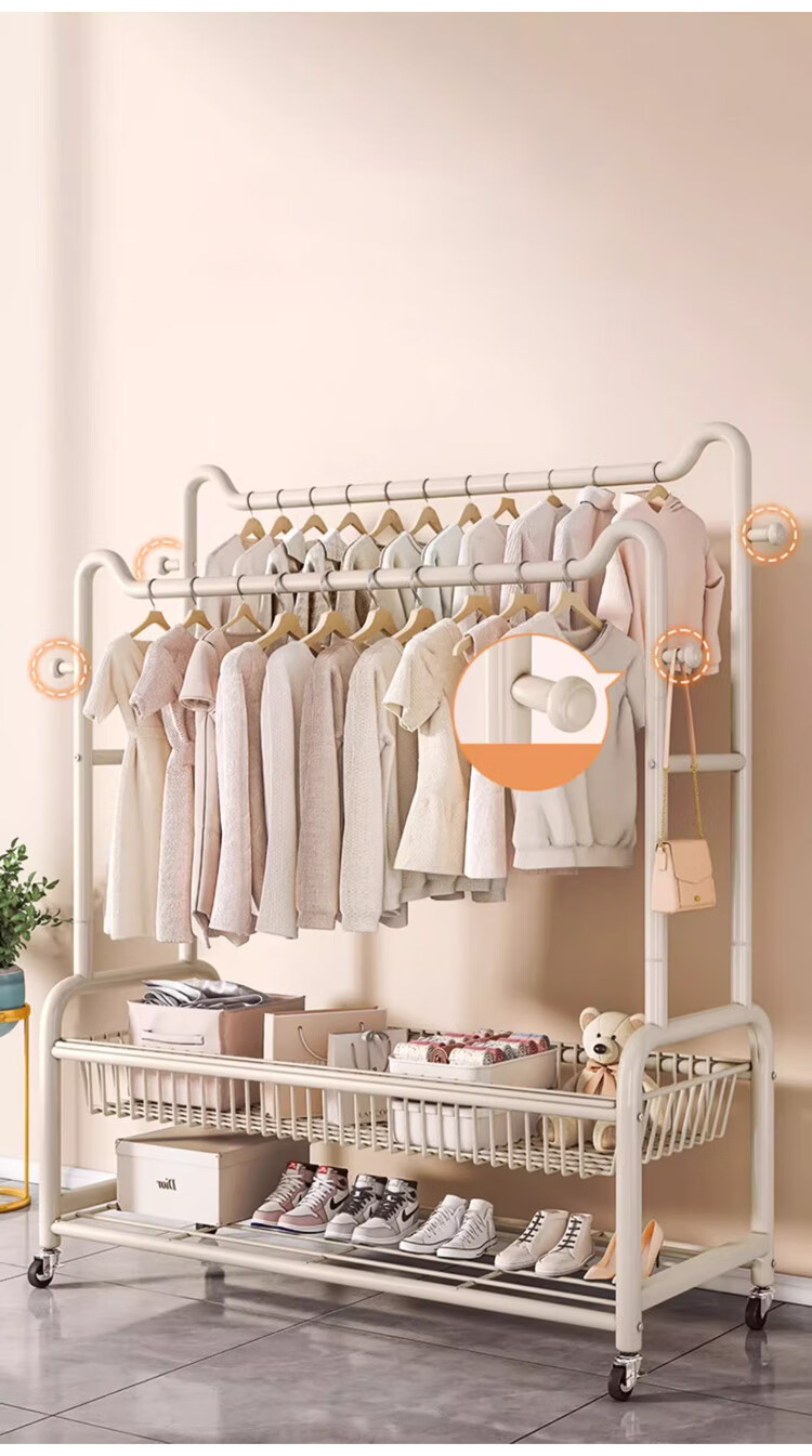 Yupin Floor-Standing Coat Rack, Movable Clothes Hanger Stand YJ138, Double-Layer Milk White, 100cm 6