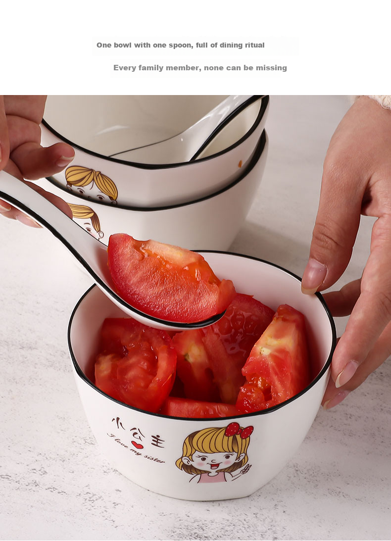Canjiangjun Parent-Child Bowl Set, Household Tableware, Soup Spoons for A Family of Four, Ceramic Square Bowls, 4-Piece Set [With Matching Spoons] 8