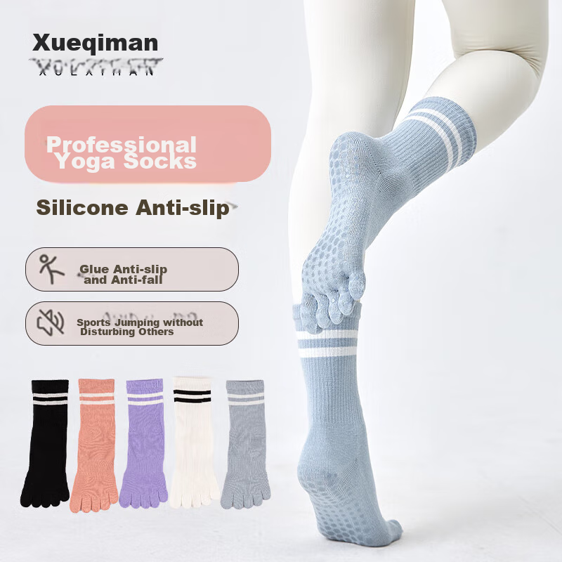 XUEXIMAN Yoga Socks for Women, Professional Non-Slip Mid-Calf Five-Toe Socks, Pilates Socks, Sports Anti-Slip Fitness Socks for Autumn And Winter
