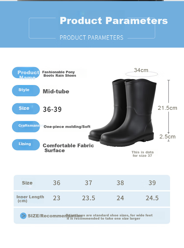 FOOTOPPO Women's Rain Boots, Fashionable Adult Mid-Calf Waterproof Boots, Ladies' Water Shoes, Non-Slip Rubber Boots for Wome 6