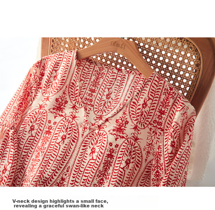 Dme [Chiffon Hibiscus Linen Shirt] Summer V-Neck Three-Quarter Sleeve Paisley Print Blouse Women's Top 6