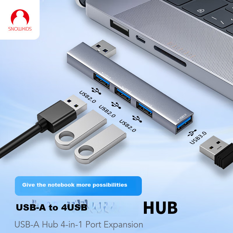 Snowkids USB Hub with Left Side Adhesive Expansion Dock, USB to USB 3.0 Converter, Laptop Expansion Dock, Four-In Hub