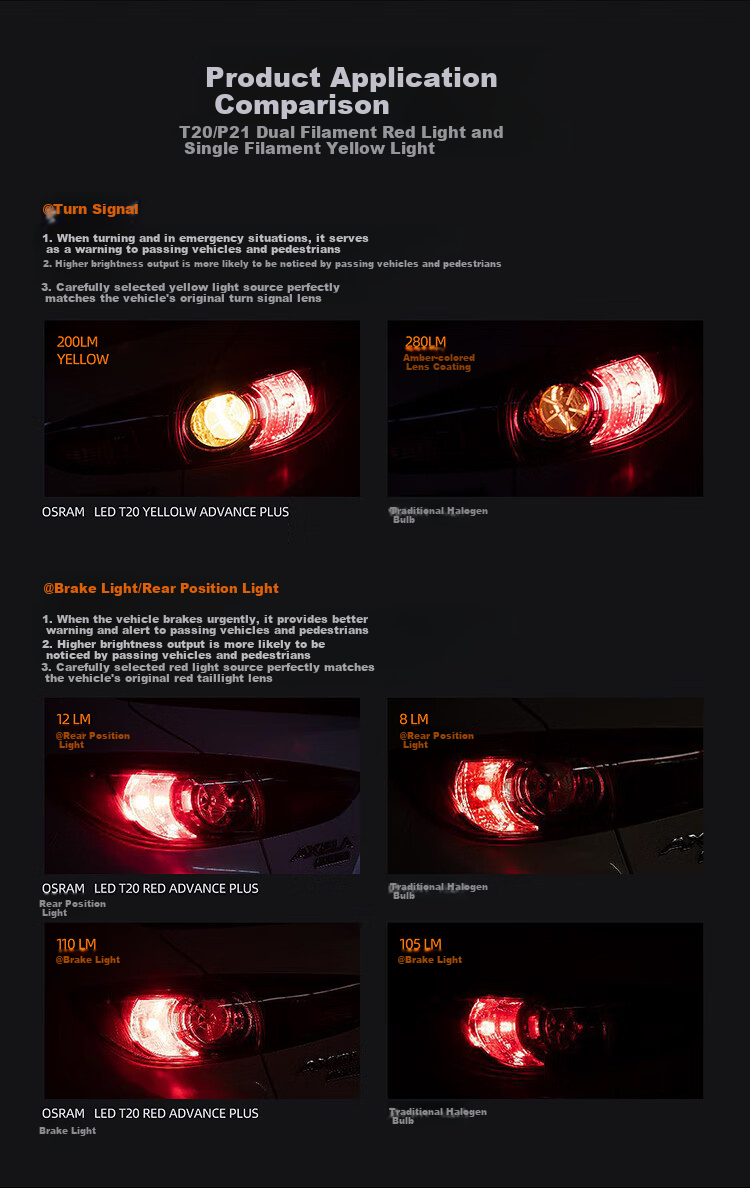OSRAM PY21W LED Car Light Brake Light Reverse Light Turn Signal Auxiliary Light P21 Single Filament Yellow Light 12V 2.5W 2-Pack 8