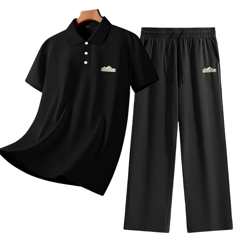 JEEP SPIRIT Men's Polo Shirt Short Sleeve Set Ice Silk Quick-Dry Antibacterial Cooling Straight-Leg Cropped Pants Black 3XL