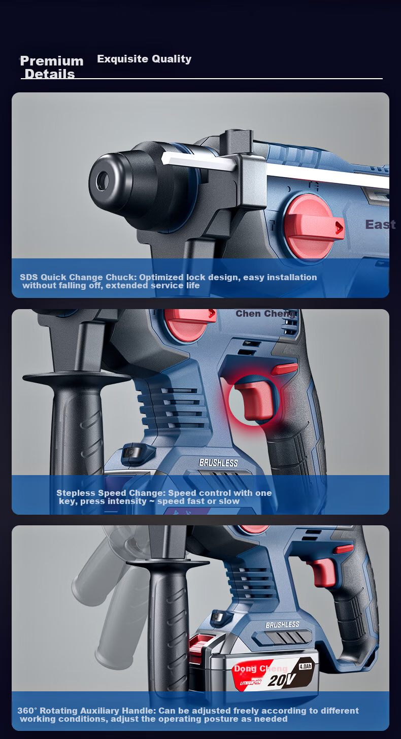 Dongcheng Industrial-Grade Brushless Cordless Rotary Hammer WZC22DT, Impact Drill, Electric Hammer, Electric Pick, Electric Drill, Three-In Power Tool 12