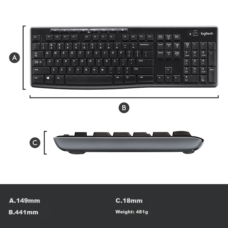 Logitech MK270 Wireless Keyboard And Mouse Combo, Office Keyboard And Mouse Set, Full Size, Black, Self-Operated, with Wireless 2.4G Receiver 8