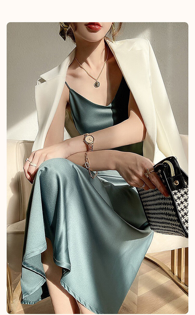 Dme [Glossy Satin Spaghetti Strap Dress], Elegant X-Shaped Spaghetti Strap Midi Dress for Women in Spring And Summer 1
