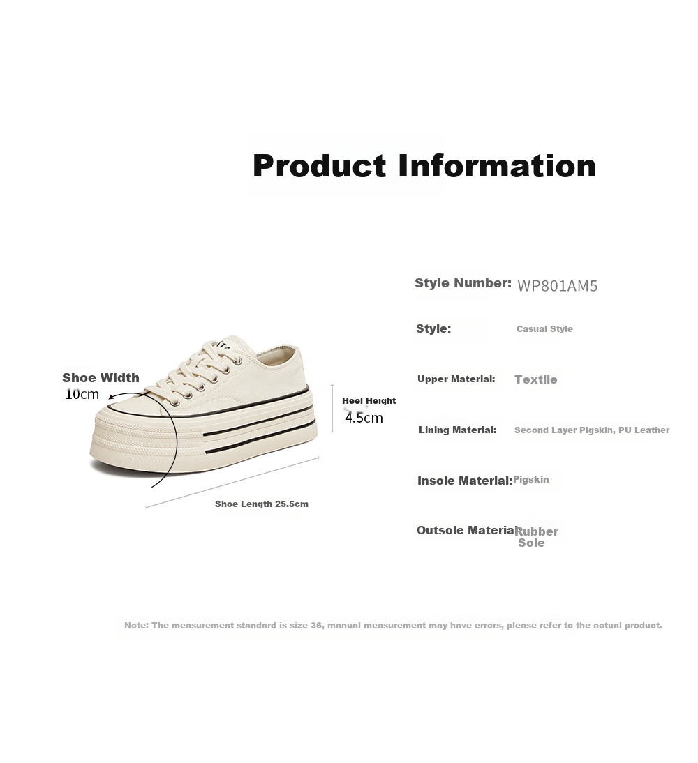 TATA Rainbow Thick-Soled Canvas Shoes for Women, Breathable Black Sneakers, Casual White Shoes WP801AM5 Black, Size 37 16