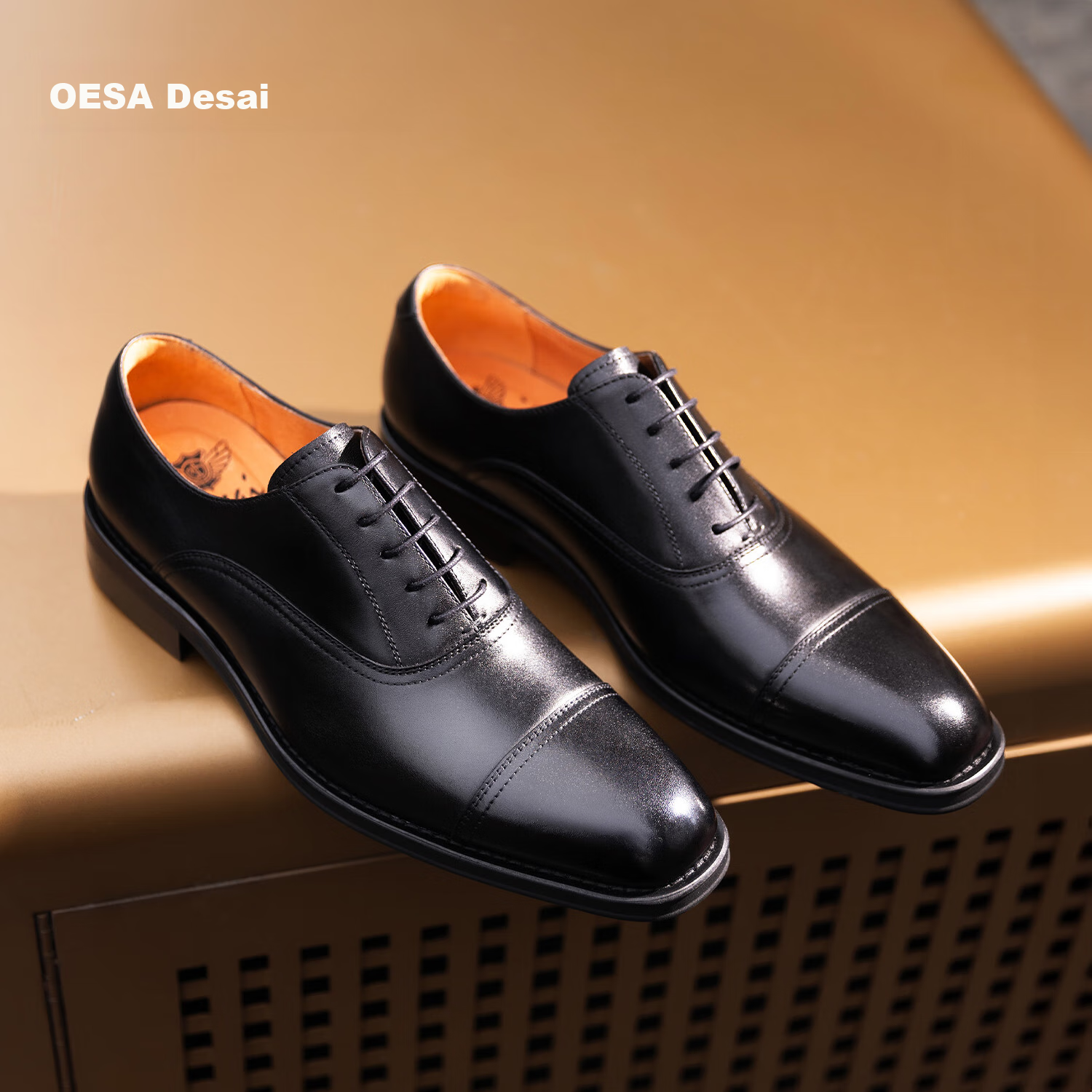 DESAI Three-Prong Men's Shoes, Business Formal Leather Shoes, Oxford Heightening British Wedding Shoes, Black, Size 44