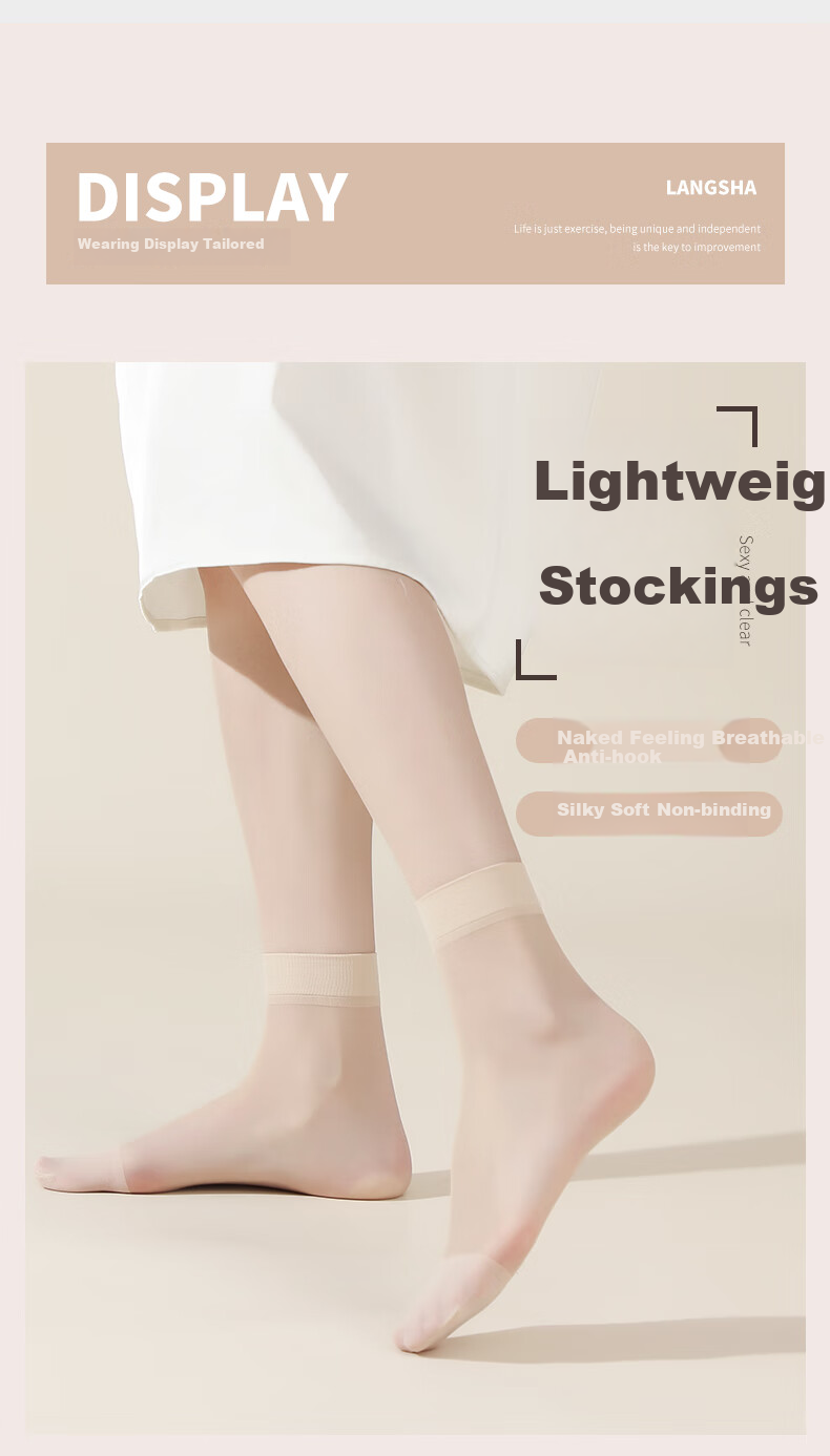 LangSha Thin Women's Stockings, Spring And Summer 10A Antibacterial Anti-Snag Transparent Invisible Crystal Silk Mid-Calf Socks, Skin Color 10 Black 10 7