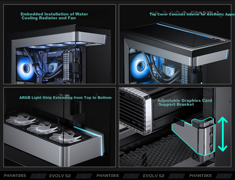 PHANTEKS EVOLV S2 Black Desktop Water-Cooled Computer Case with View Window (20G Type-C/120mm Fans*4/360mm Radiator Support/5090) 5