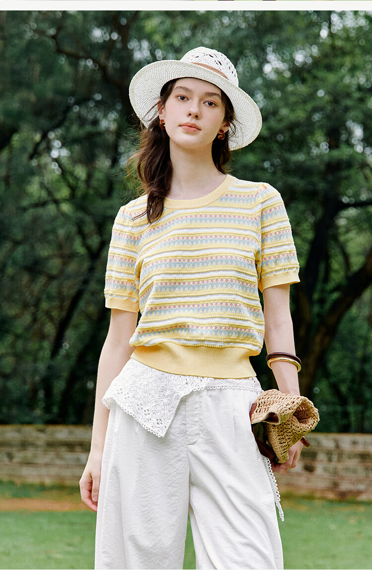 INMAN [Showroom Style] Suoluna Cool-Feeling Striped Short-Sleeve Women's Top, Summer 2026 Knitted Sweater, Yellow, Size L 10