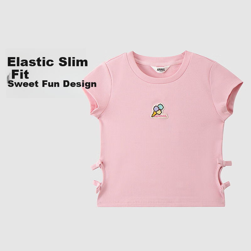 Annil Girls' Round Neck Short-Sleeve T-Shirt, 2025 Summer New Casual Elastic Slim-Fit Cute Fashionable Stretchy Top