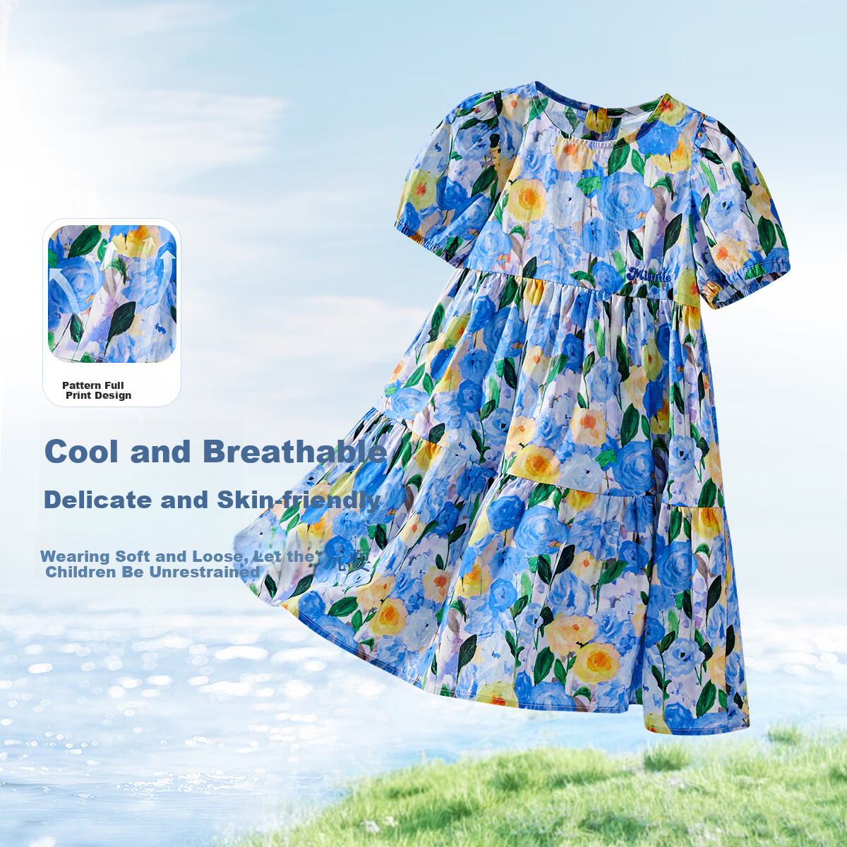 Disney Girls' Dress, 100% Pure Cotton, Summer 2026 New Style, Chic Floral Print Dress, Sweet Princess Dress for Girls, Children's Clothing