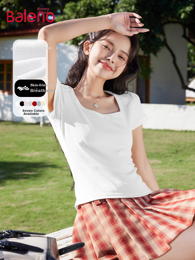 Baleno Square Neck Slim-Fit Short-Sleeve T-Shirt for Women, New Summer 2026 Style, Casual Travel Outfit, Fashionable Versatile Comfortable Elegant Top 2