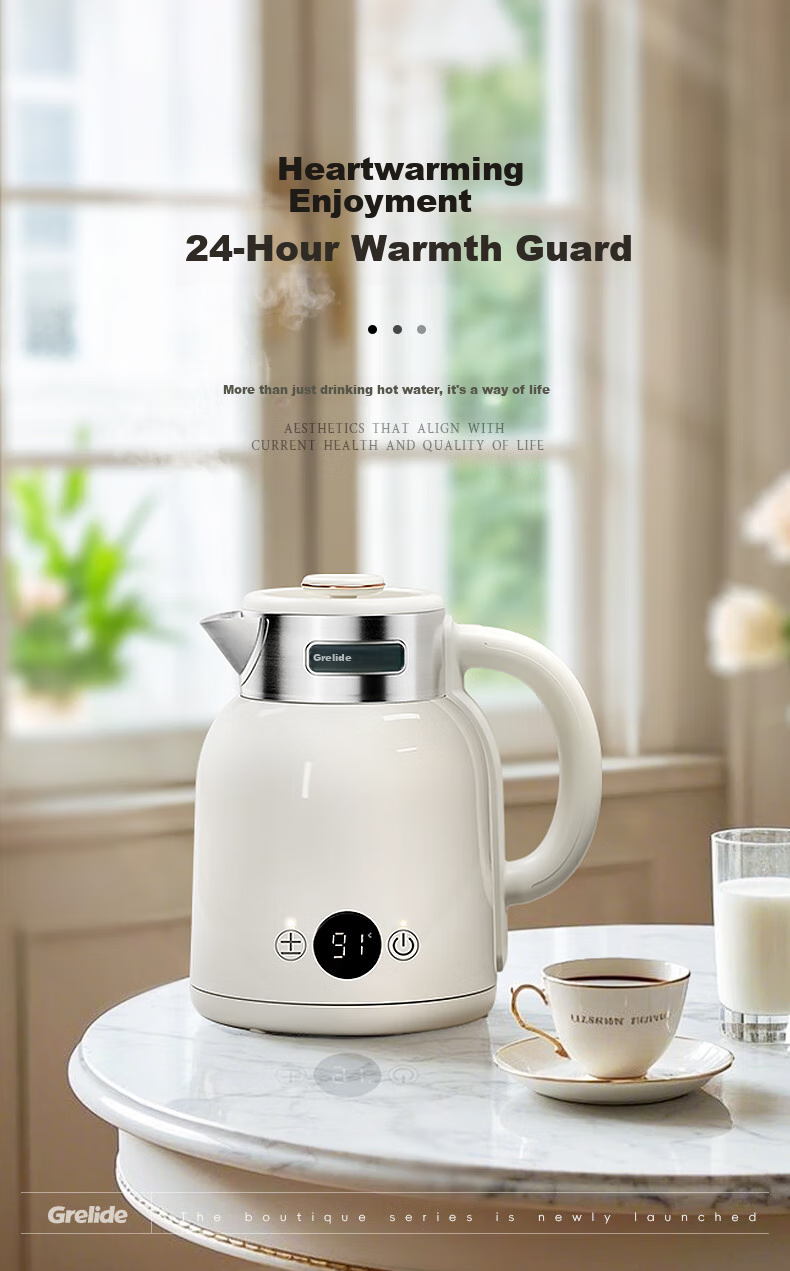 Grelide Electric Kettle with Multiple Temperature Settings, 1.5L Seamless Inner Pot, Constant Temperature Kettle, 304 Stainless Steel Water Boiler, Hot Water Kettle, D2315E-Ivory White 1