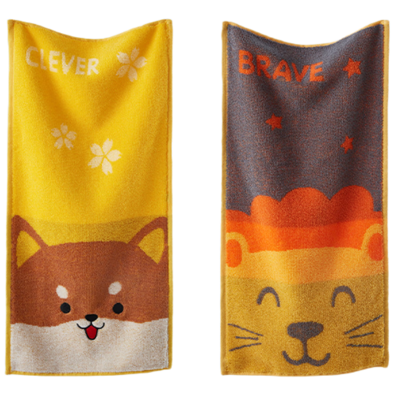 Grace Pure Cotton Children's Towel Face Wash Baby Awakening Forest Home Cartoon Animal Face Towel Sports Yellow+Brown