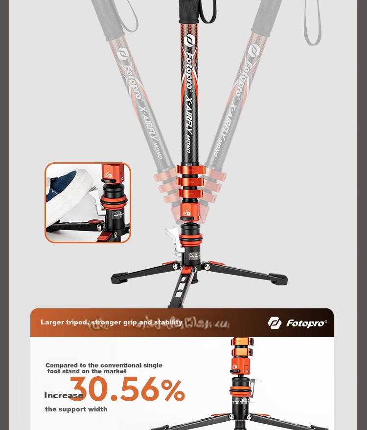 Fotopro Flying One Tripod, Quick-Release Design, Foot-Operated Unlocking, 32mm Diameter Carbon Fiber Camera Tripod, Flame Orange 9