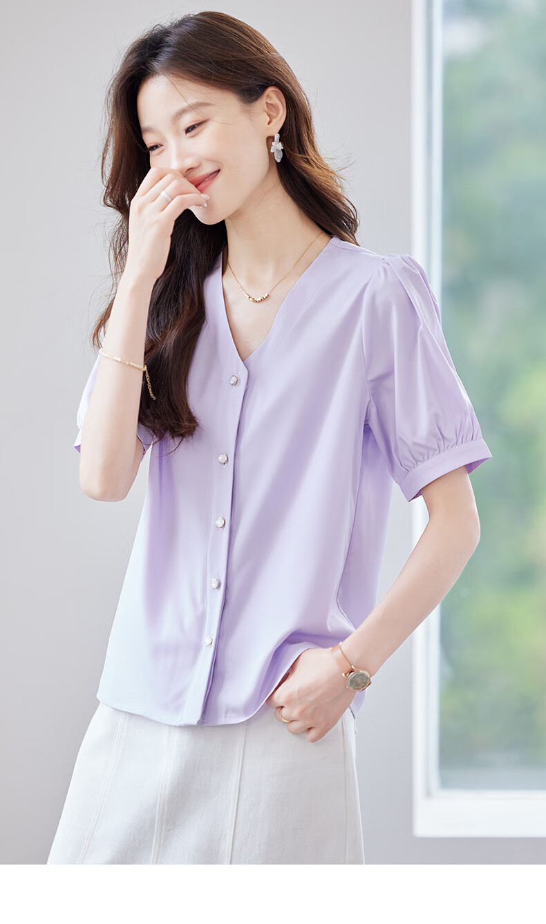 Jeanswest Women's Short Sleeve Shirt 2026 Summer Fashion Casual Versatile Top Purple 2XL 8