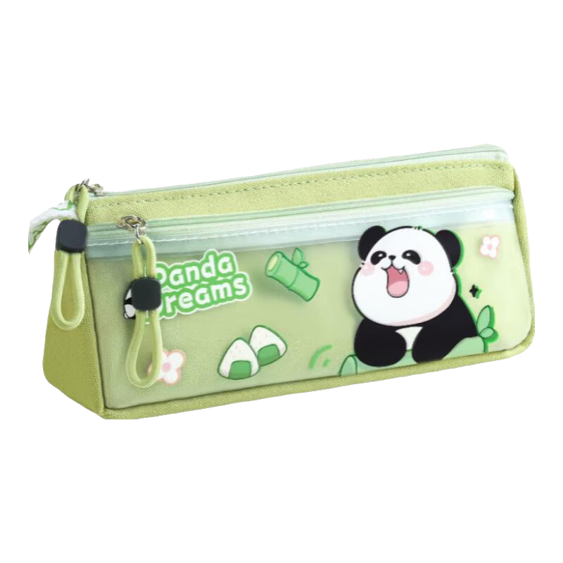 Yuji Panda Chubby Double-Layer Triangle Pencil Case with Transparent Front Pocket, Polyester Zipper Closure, Cartoon Anime Girl Design, Essential Back-to-School Japanese Cute Style for Elementary Stud