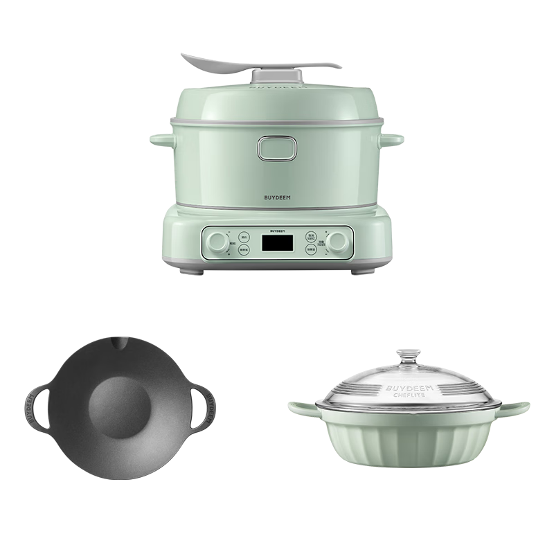 Buydeem Rice Cooker Electric Rice Cooker Household Split Multifunction Large Capacity Cooking Pot IH Heating Non-stick Inner Pot 2-5 People [Light Cedar Green] Rice Cooker + BBQ Pan + Hot Pot 3L