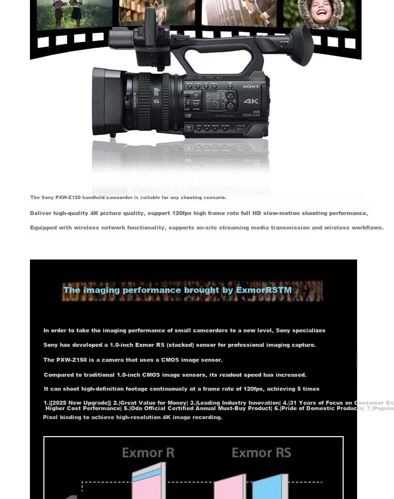 SONY PXW-Z150, 1-Inch 4K Handheld Broadcast-Grade Camcorder, 20 Megapixels, WIFI NFC, Infrared Night Vision, HD 120FPS, SDI+HDMI 2