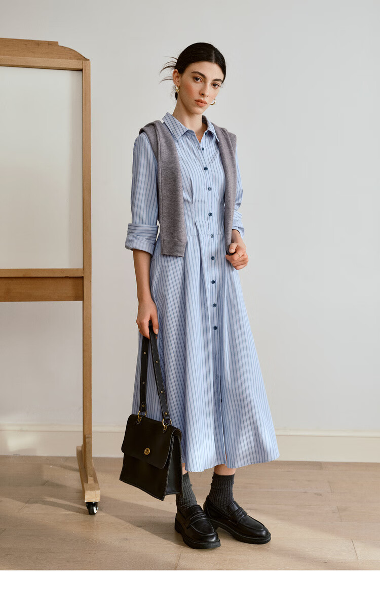 Oulain Autumn Women's Wear, Commuter Blue Striped Waist-Cinching Shirt Dress, Slimming Long Skirt, Blue Stripes, Size S 6