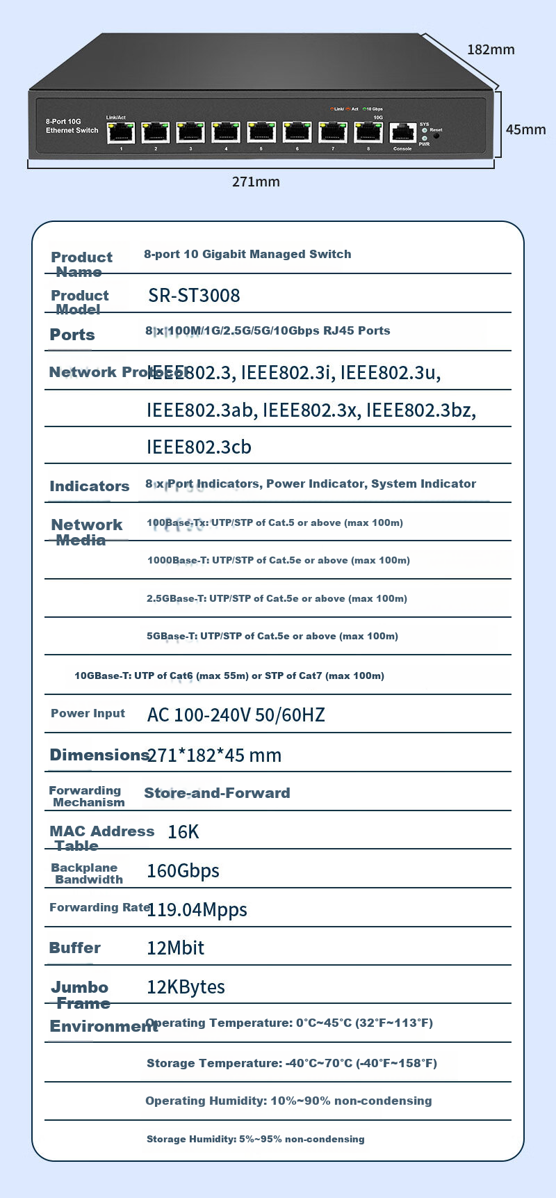 Xiliweishi 8-Port Full 10G Ethernet Switch, Layer 3 Managed, 10G High-Speed Splitter, Network Switch for Home And Enterprise Use, VLAN, LACP Dynamic Aggregation Switch SR-ST3008 10