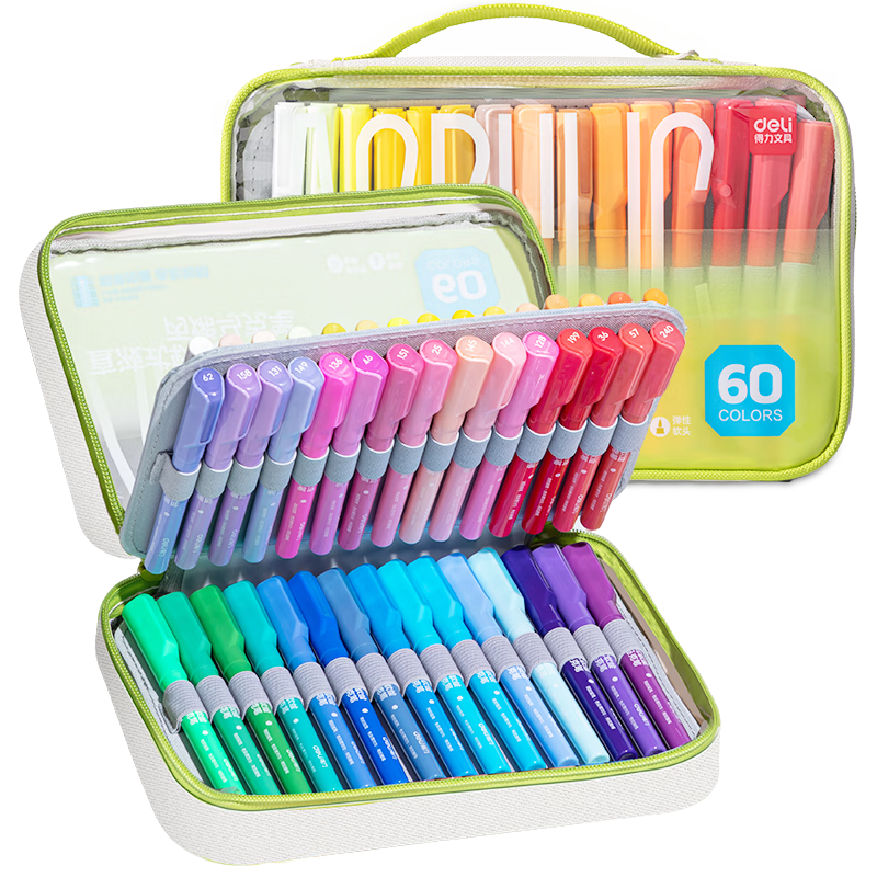 Deli 60-Color Liquid Acrylic Marker Soft Tip High-Capacity Hand-Painting Pen with Premium Fabric Bag for Students and Children Watercolor Pens Birthday and Graduation Gift Toy