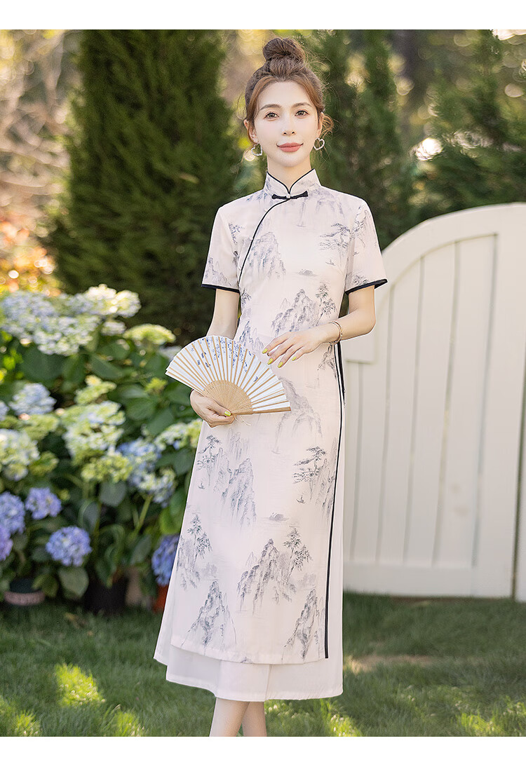 Cypress Vintage Qipao 2026 Summer New Slim Fit Stand Collar Mid-Length Short Sleeve Dress for Women 2