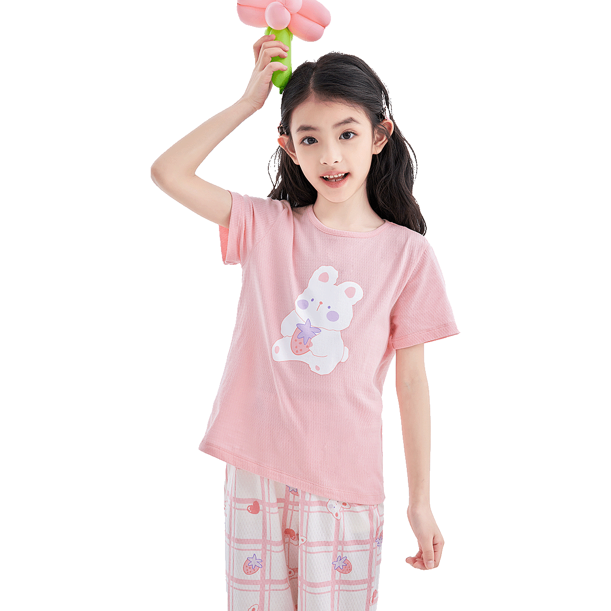 DEESHA [7A Antibacterial Cotton Mesh Jacquard], Girls' Lightweight Short-Sleeve Pajama Set, Soft Cotton Skin-Friendly Air Conditioning Wear