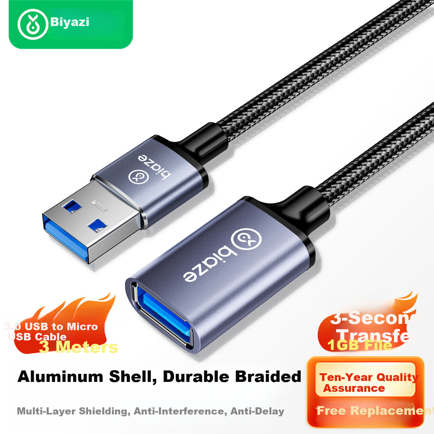 USB-удлинитель BIAZE, 3 метра, USB 3.0, мама-папа, черный