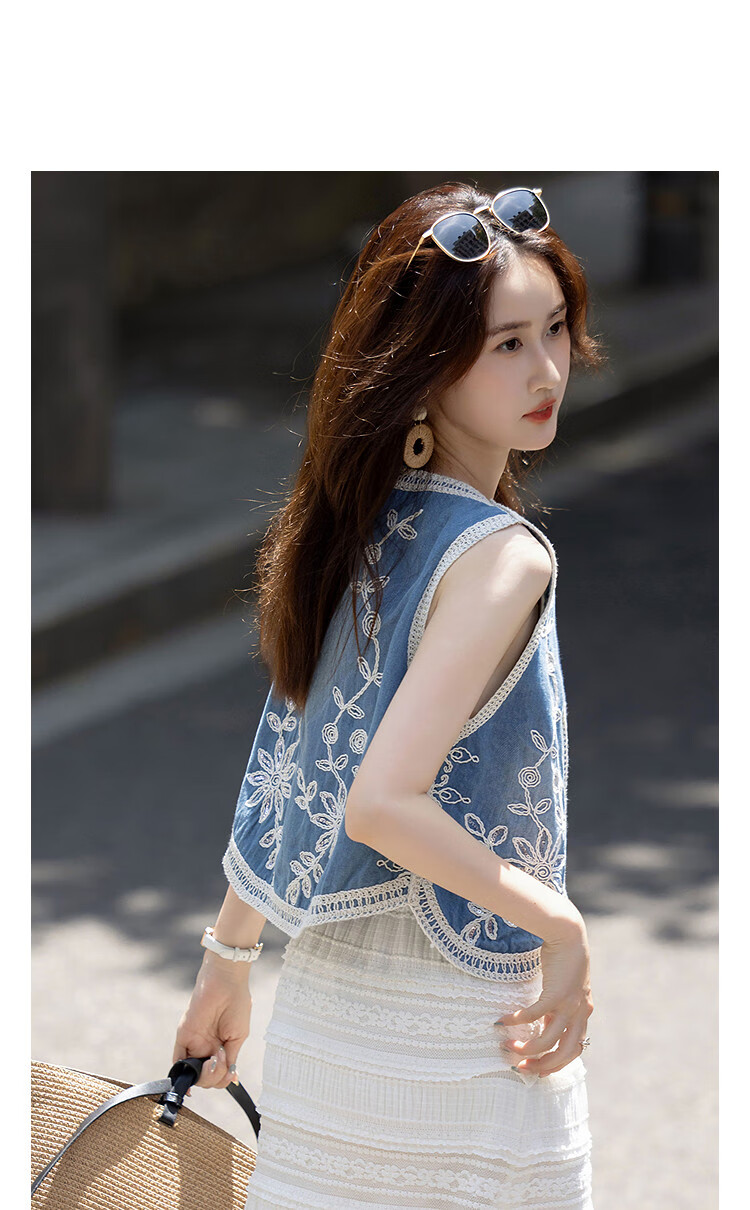 Demana Vintage Embroidered Denim Vest Sleeveless Cloud Cotton Short Women's Jacket Autumn Artistic Retro Style 5