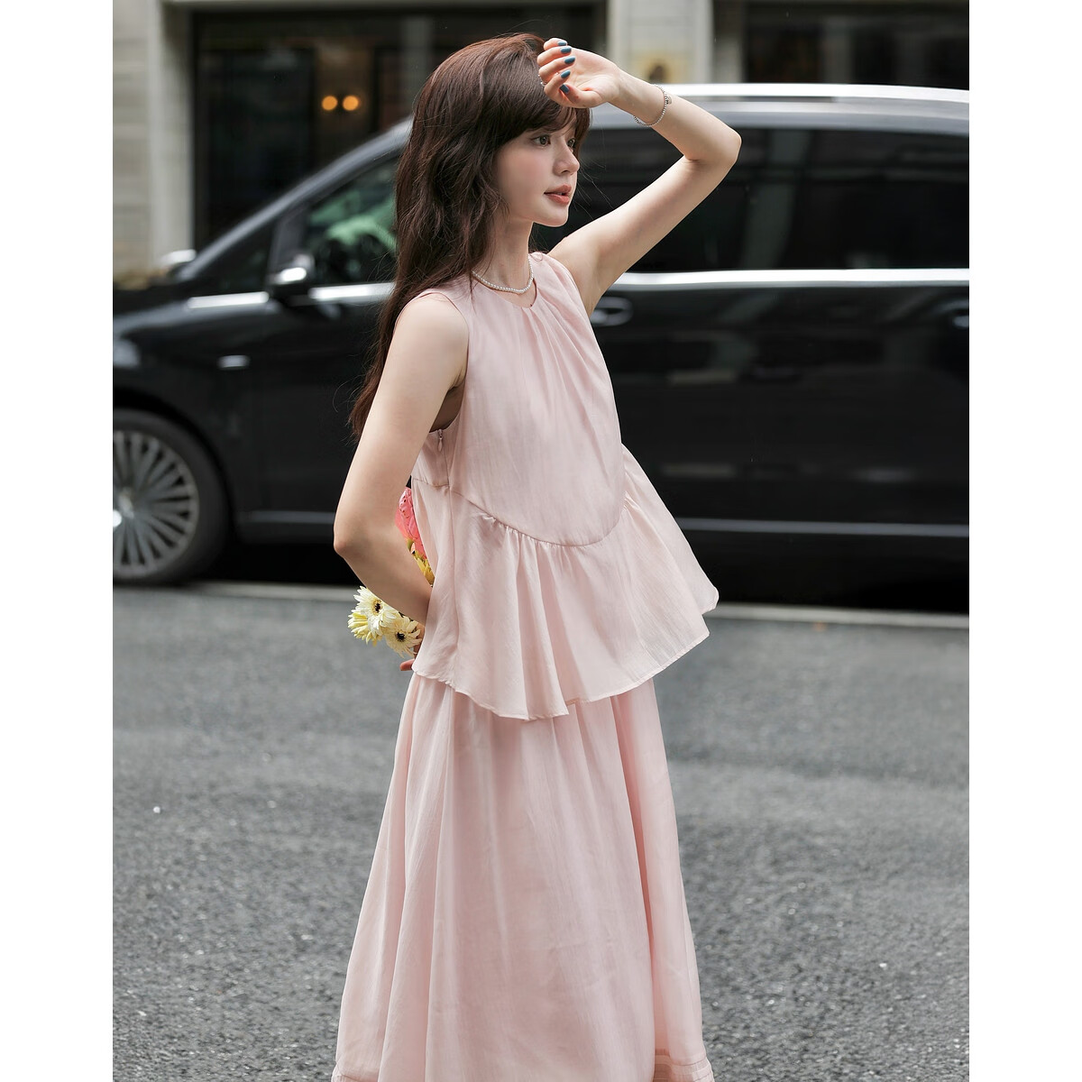 Mt [Shuxiang Laisai] Summer European Style Two-Piece Elegant Sweet Sleeveless Dress for Petite Women, Long Style
