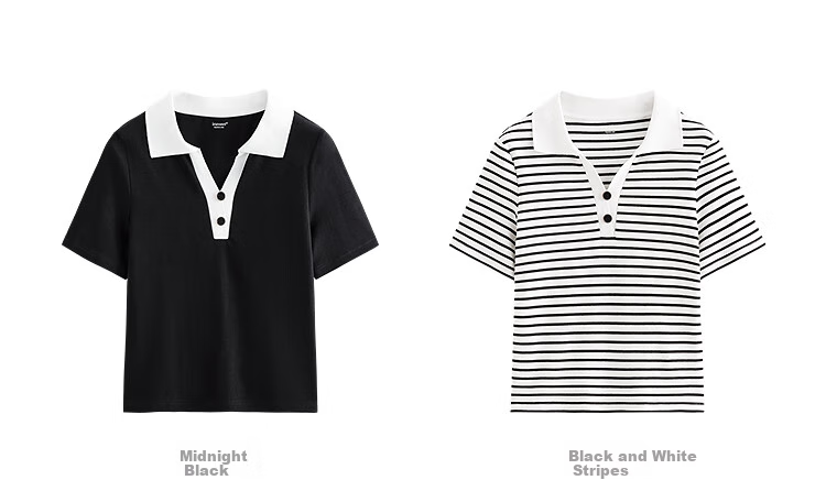 Inman Casual Striped Shoulder T-Shirt Summer Women's Design Polo Collar Slim Fit Short Sleeve Star Black XL 19