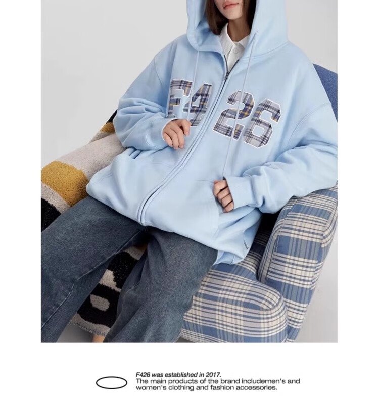F426 [Zhao Lusi's Style] National Trend Brand Loose Fit Large Logo Plaid Patchwork Embroidered Sweatshirt Jacket, Floral Gray, L 13
